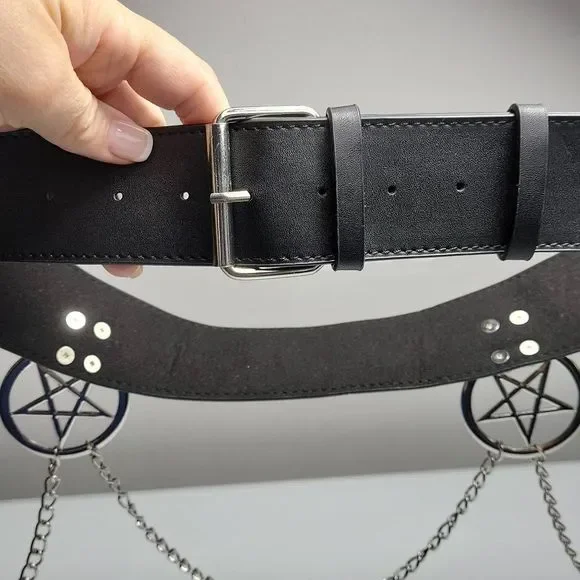 Killstar Curses Chain Belt Black Vegan Leather Silver Pentagram Chains Rock Stud - Picture 2 of 5